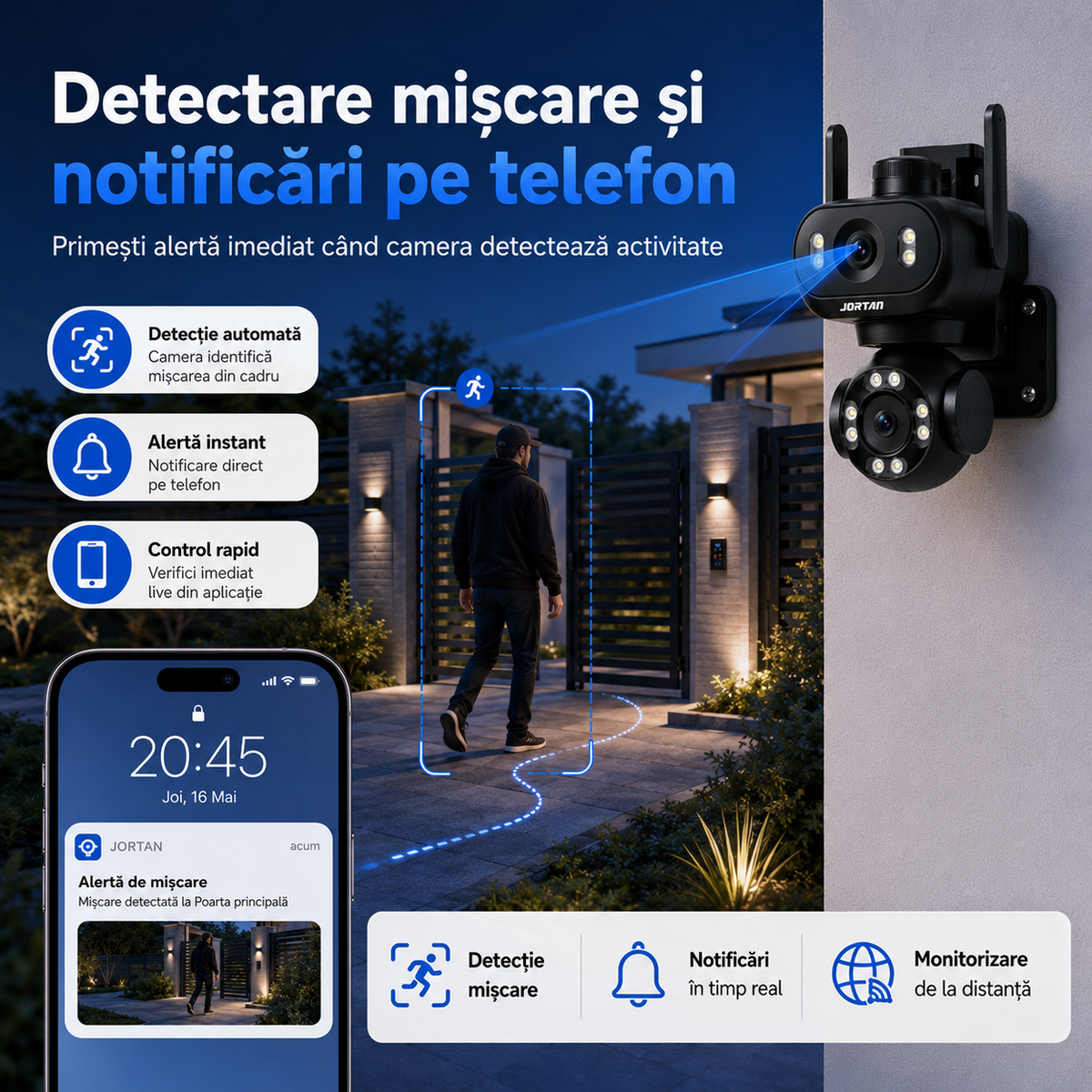 Camera de Supraveghere JORTAN JT-9680, Dual, Black WiFi, PTZ 355°, Alarma, IP66, 6 MP, HD 1920x1080, Difuzor, Microfon, NightVision + Card 32GB