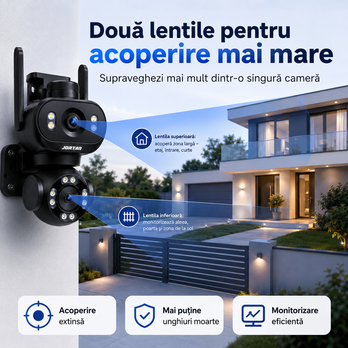 Camera de Supraveghere JORTAN JT-9680, Dual, Black WiFi, PTZ 355°, Alarma, IP66, 6 MP, HD 1920x1080, Difuzor, Microfon, NightVision + Card 32GB