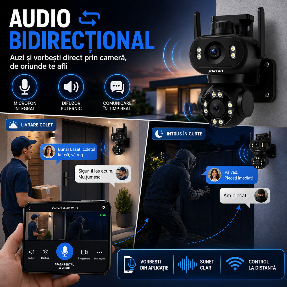 Camera de Supraveghere JORTAN JT-9680, Dual, Black WiFi, PTZ 355°, Alarma, IP66, 6 MP, HD 1920x1080, Difuzor, Microfon, NightVision + Card 32GB