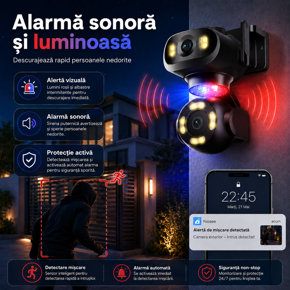 Camera de Supraveghere JORTAN JT-9680, Dual, Black WiFi, PTZ 355°, Alarma, IP66, 6 MP, HD 1920x1080, Difuzor, Microfon, NightVision + Card 32GB
