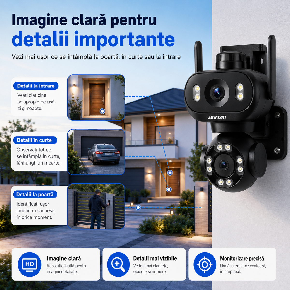 Camera de Supraveghere JORTAN JT-9680, Dual, Black WiFi, PTZ 355°, Alarma, IP66, 6 MP, HD 1920x1080, Difuzor, Microfon, NightVision + Card 32GB